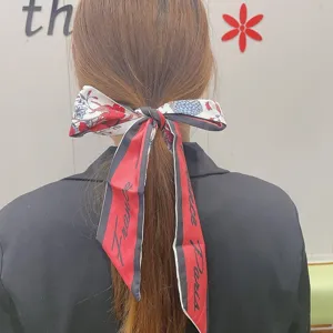Korean style hair ribbon silk scarf red black white floral print pony tail hair accessory
