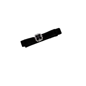 French vintage black velvet bow hair clip with sparkling crystal rhinestone duckbill clip for women