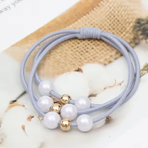 Korean style elastic hair tie with white pearls and gold beads for women elegant hair accessory