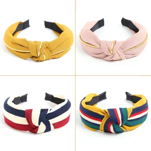 Korean Style Preppy Fabric Cross Knot Headband Fashion Wide Brim Gold Edge Hairband For Women Daily Hair Accessories