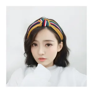 Korean style fabric cross knotted headband, multi-color striped wide-brimmed hair hoop for women.