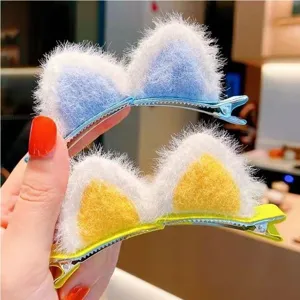 Cute fluffy cat ear hair clips detail view, plush 3D design for sweet girls and kids daily styling.