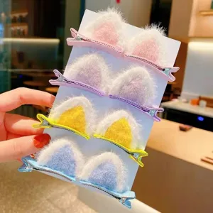 Cute plush cat ear hair clips for girls, soft fuzzy animal ears duckbill hair clips set.