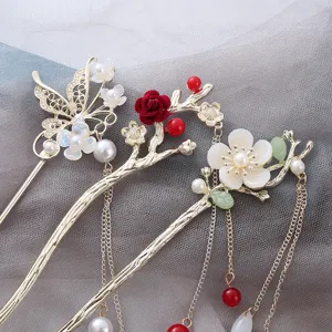 Vintage Chinese Style Flower Butterfly Metal Hair Stick Long Tassel Artificial Pearl Hair Fork Hanfu Cheongsam Hair Accessories For Women Jewelry