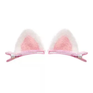 Cute plush cat ear hair clips for kids, soft pink 3d hair accessories, sweet 2pcs set.