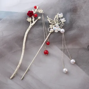 Exquisite Chinese style hairpin set with elegant red flower and pearl butterfly tassels for Hanfu.