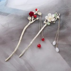 Chinese style retro hair sticks with floral tassel pendants, elegant antique hair fork.