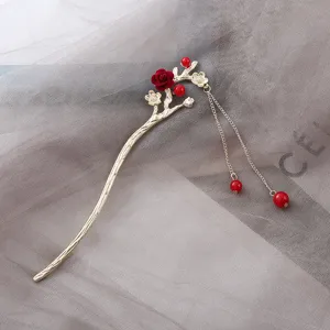 Ancient Chinese style golden hair stick with red rose and tassel chain for Hanfu styling.