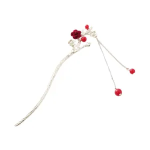 Antique style hairpin with red rose and dangling tassel beads for Hanfu and traditional outfits.