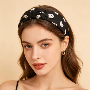 Halloween ghost printed knotted headband, black chiffon fashion hair hoop for women details.