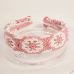 Boho pink white crochet knit headband wide hair hoop vintage floral hair accessories for women