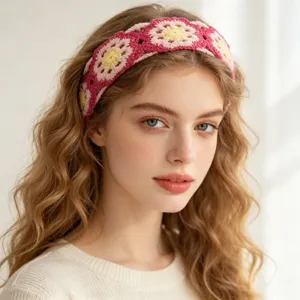 Bohemian crochet knitted floral wide headband for women, stylish boho hair accessory.
