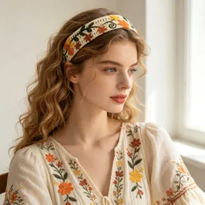 Détails en gros plan du bandeau crocheté à fleurs bohèmes avec de jolies broderies.