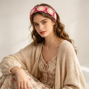 Bohemian crochet headband detail, wide knit floral hair accessory for women daily wear.
