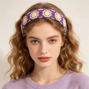 Bohemian crochet headband for women, wide knit floral hair hoop, cute daily hair accessories.