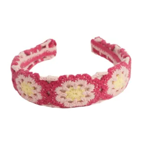 Bohemian crochet knitted floral headband for women wide hair hoop hair accessories cute pink