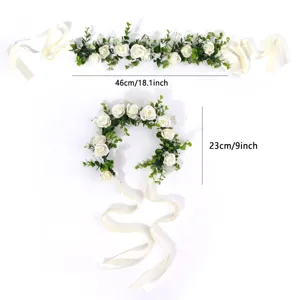 Detail view of white rose floral crown and garland with ribbon, 46cm and 23cm sizes.