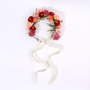 Bohemian bridal floral crown with colorful roses and white ribbons for wedding hair accessories
