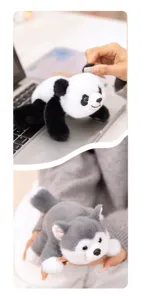Cute lying panda and husky plush toys, soft stuffed animal desktop healing ornaments.