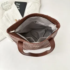 Brown woven leather tote bag, large capacity soft handbag for women, daily commuting shoulder bag.