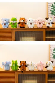 Lindo juego de llaveros de peluche de animales con elefante, rana, panda rojo y conejo.