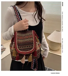 Ethnic style women backpack with tassel and vintage rhombus woven pattern casual travel bag