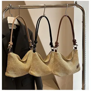 Casual Woven Linen Tote Bag For Women Large Capacity Hollow Out Shoulder Handbag Summer Beach Vacation Travel Bag
