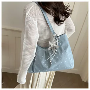 Korean style blue polka dot shoulder bag detail view with cute star pendant and zipper.