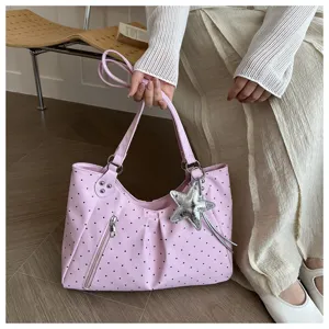 Korean style pink polka dot shoulder bag, large capacity tote handbag with star pendant.