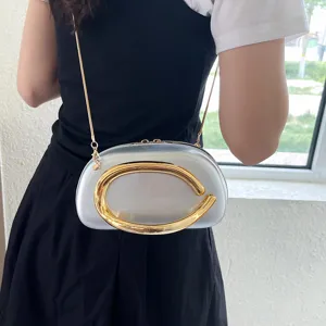 Stylish silver hard-shell cross-body bag with bold gold metallic clasp and chic chain strap.