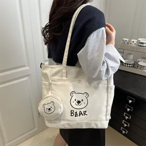 Canvas tote bag for women large capacity shoulder bag with bear print and coin purse casual style