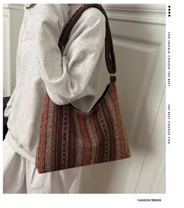 Ethnic style canvas hobo shoulder bag for women, large capacity casual crossbody tote bag.