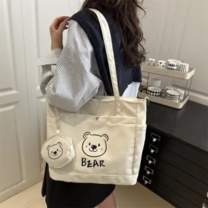 Canvas tote bag with cute bear print and matching coin pouch, large capacity for daily use.