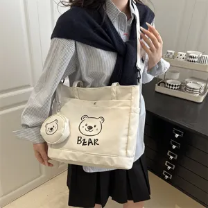 Korean style canvas tote bag large capacity shoulder crossbody bag with cute bear print and pouch