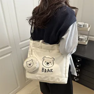 Canvas tote bag with cute bear print and matching pouch, large capacity casual daily bag.