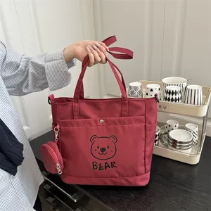 Dark red canvas tote bag with cute bear print and small coin purse, casual daily shoulder bag.