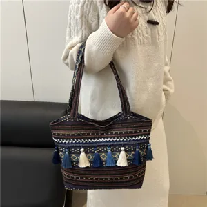 Ethnic style colorful woven tote bag with tassels large capacity shoulder underarm bag for women