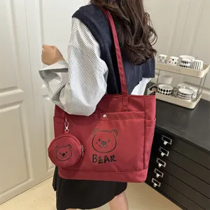Red canvas tote bag for women large capacity shoulder bag casual handbag with cute bear print