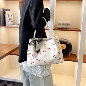 Borsa tote in corduroy con stampa a ciliegia per donna, sciarpa elegante e grande capacità.