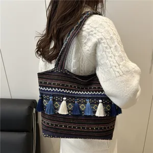 Ethnic style colorful woven tote bag with tassels large capacity casual shoulder bag.