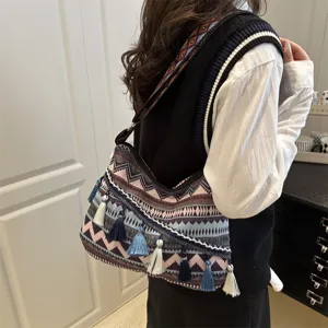 Bohemian ethnic style tassel canvas shoulder bag for women large capacity stripe hobo tote bag