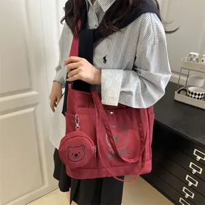 Canvas tote bag with cute bear print and matching coin pouch. Casual large capacity shoulder bag.