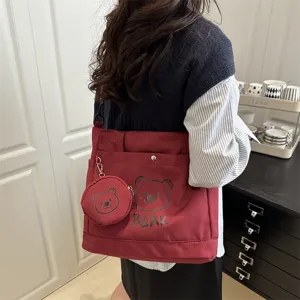 Korean style cute bear print large capacity canvas tote bag casual shoulder bag for women