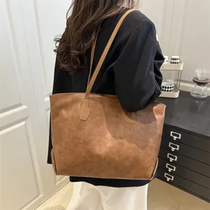 Women's large capacity PU vintage shoulder handbag commuter tote bag for daily work use