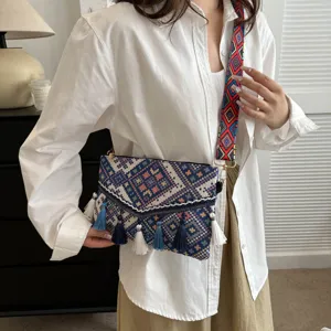 Ethnic style women crossbody bag detail, featuring colorful woven pattern, tassels and strap.