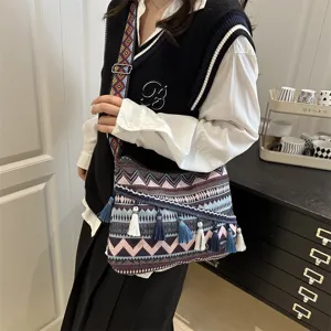 Ethnic style woven tassel canvas crossbody shoulder bag casual large capacity tote bag