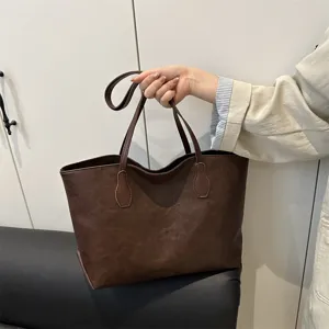 Classic retro brown PU leather women tote handbag for daily commuting and office work use.