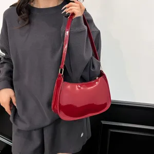Red patent leather shoulder bag underarm handbag stylish vintage casual chic purse for women.