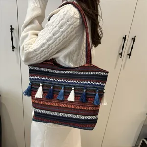 Ethnic style woven tote bag with colorful tassels, casual shoulder bag for women daily use
