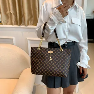 Women Brown Monogram Tote Bag Vintage Chain Shoulder Bag Large Capacity Handbag